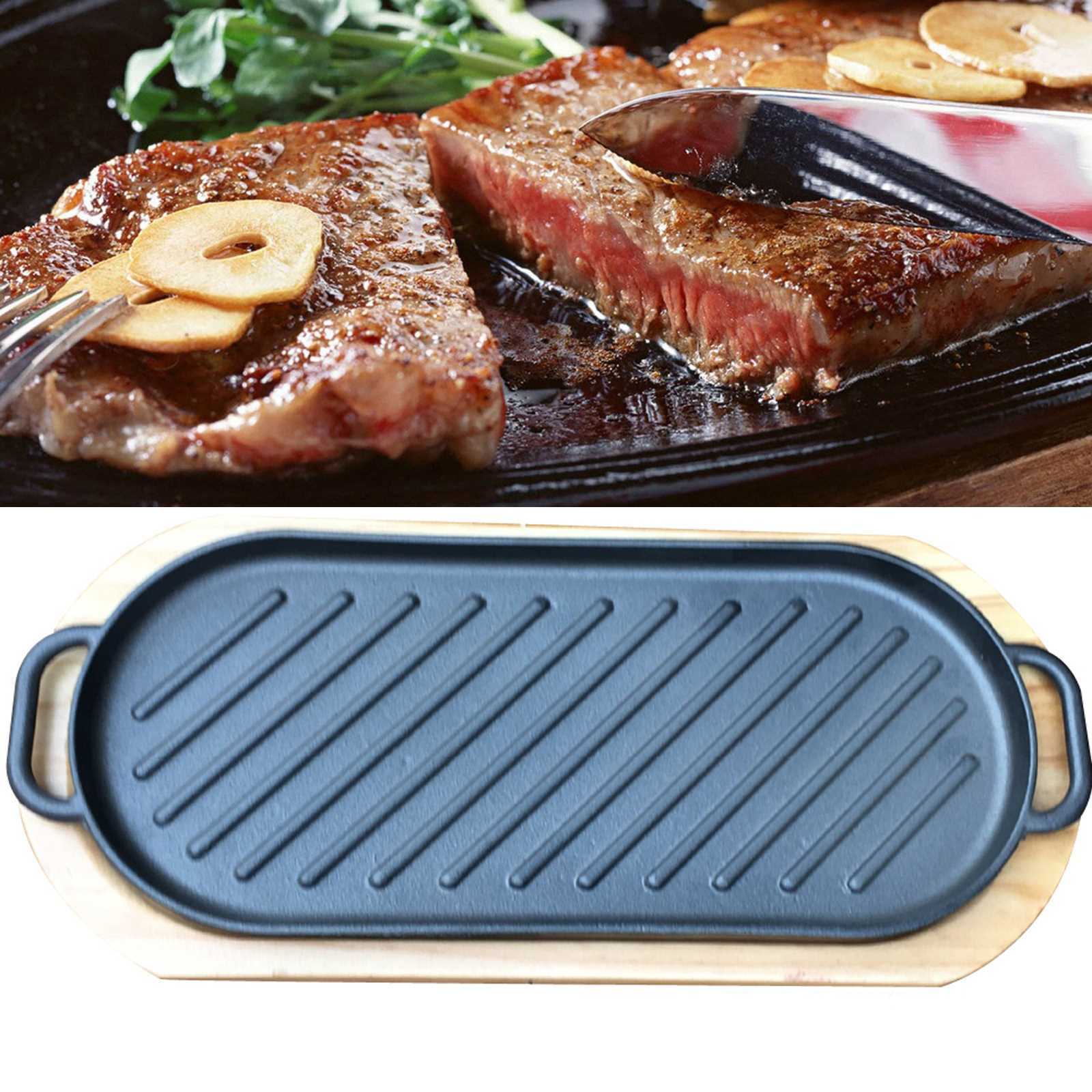 CAST IRON STEAK SIZZLE SIZZLING SERVING PLATTER PLATE WOODEN BASE TRAY ...