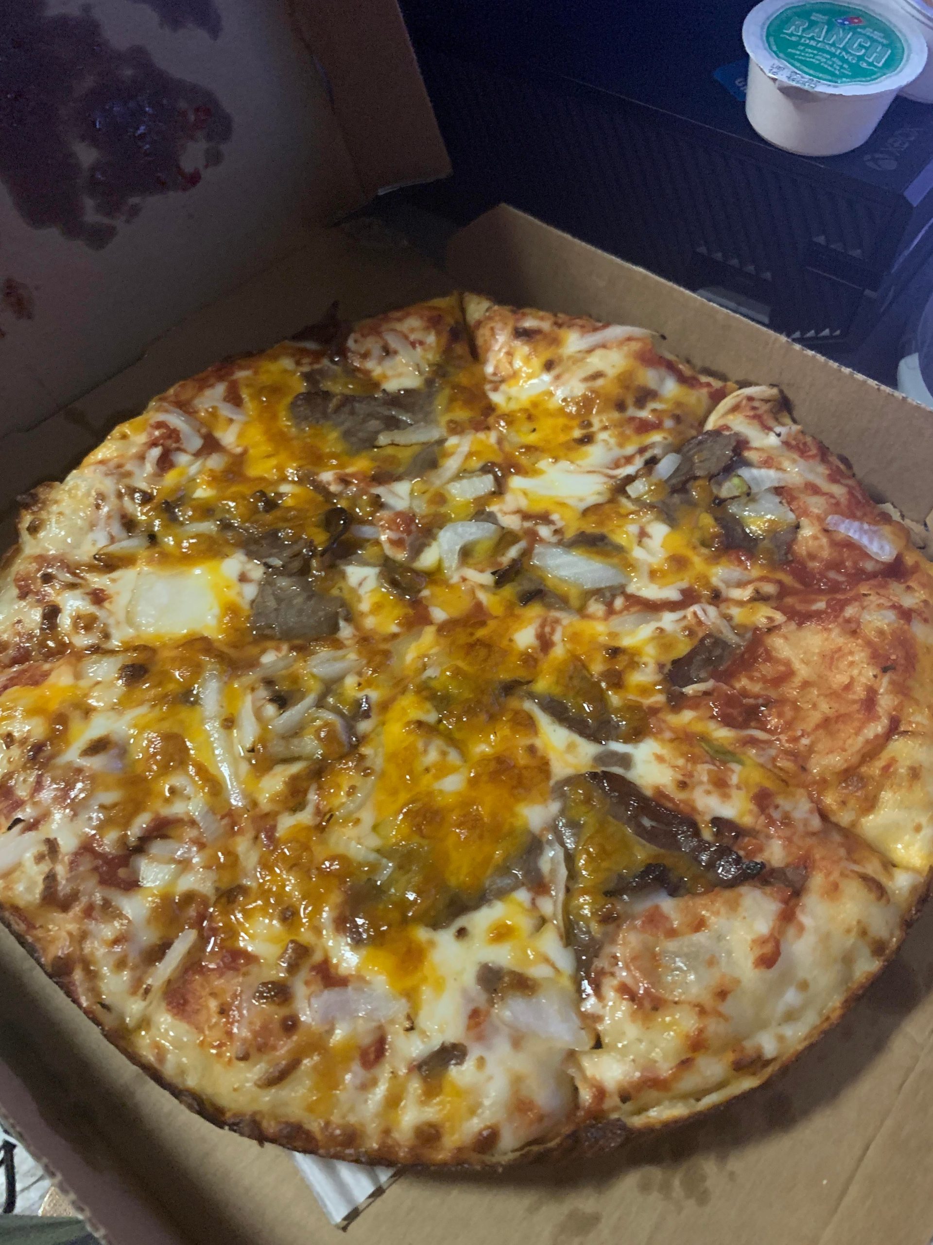 My Philly cheesesteak handmade pan pizza from Dominos : shittyfoodporn
