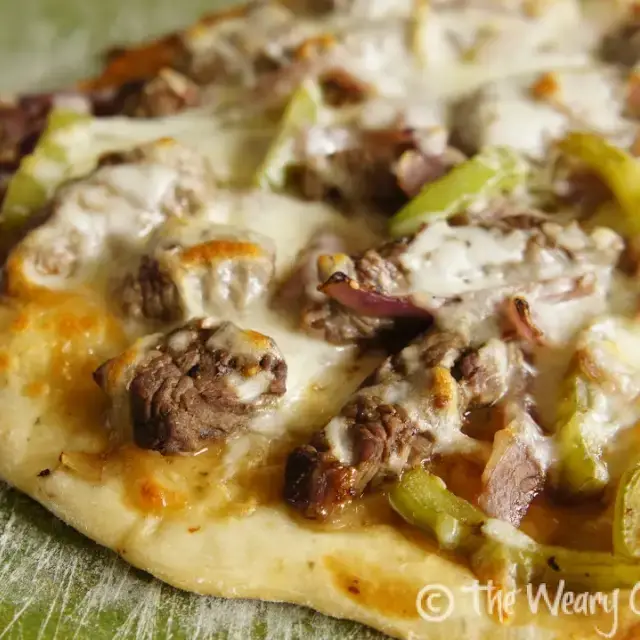 Philly Cheese Steak Pizza with Pizza Dough, Steak Sauce, Olive Oil, Red ...