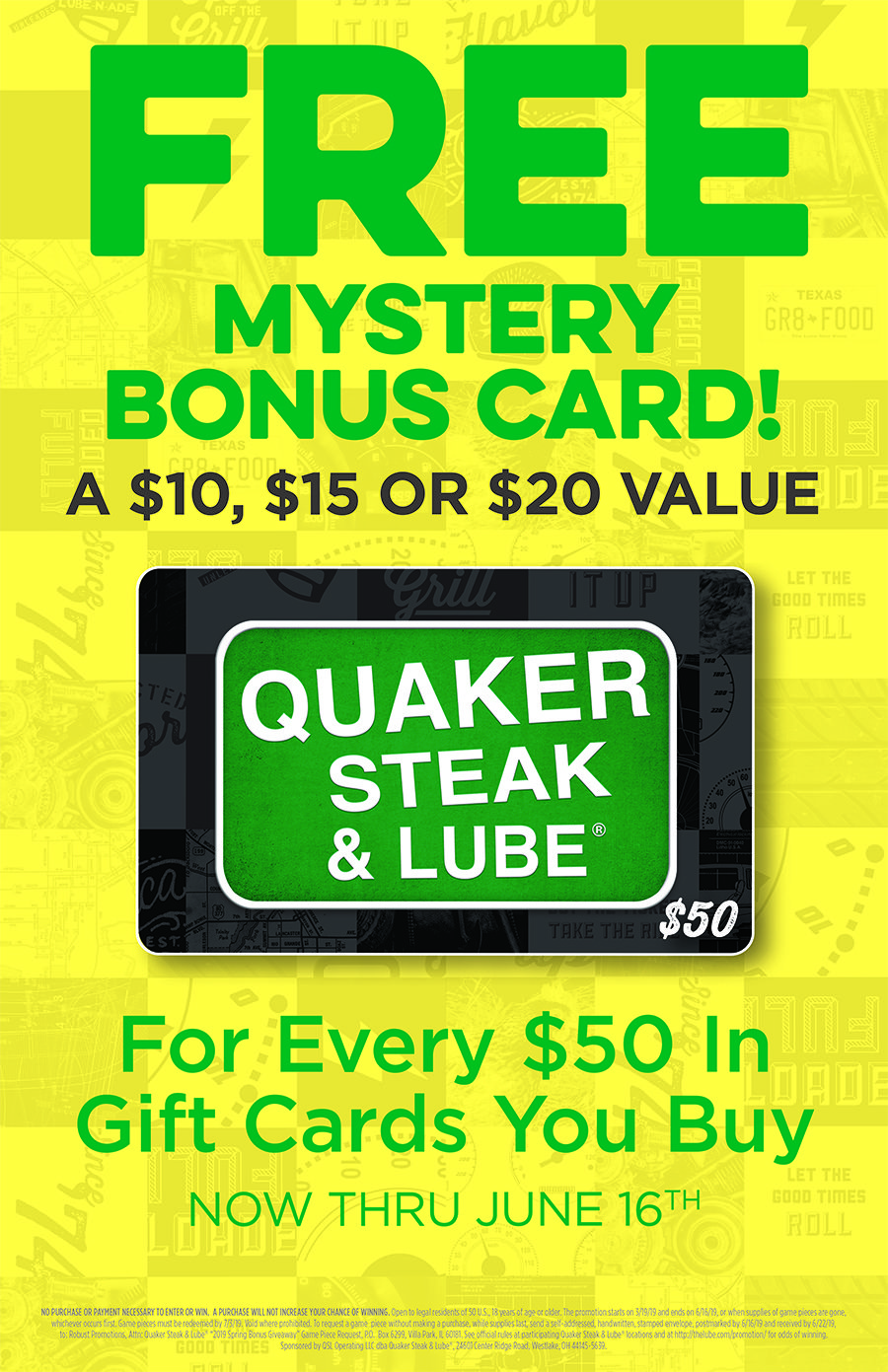 Quaker Steak &  Lube Gift Card Promotion: $10/$15/$20 ...