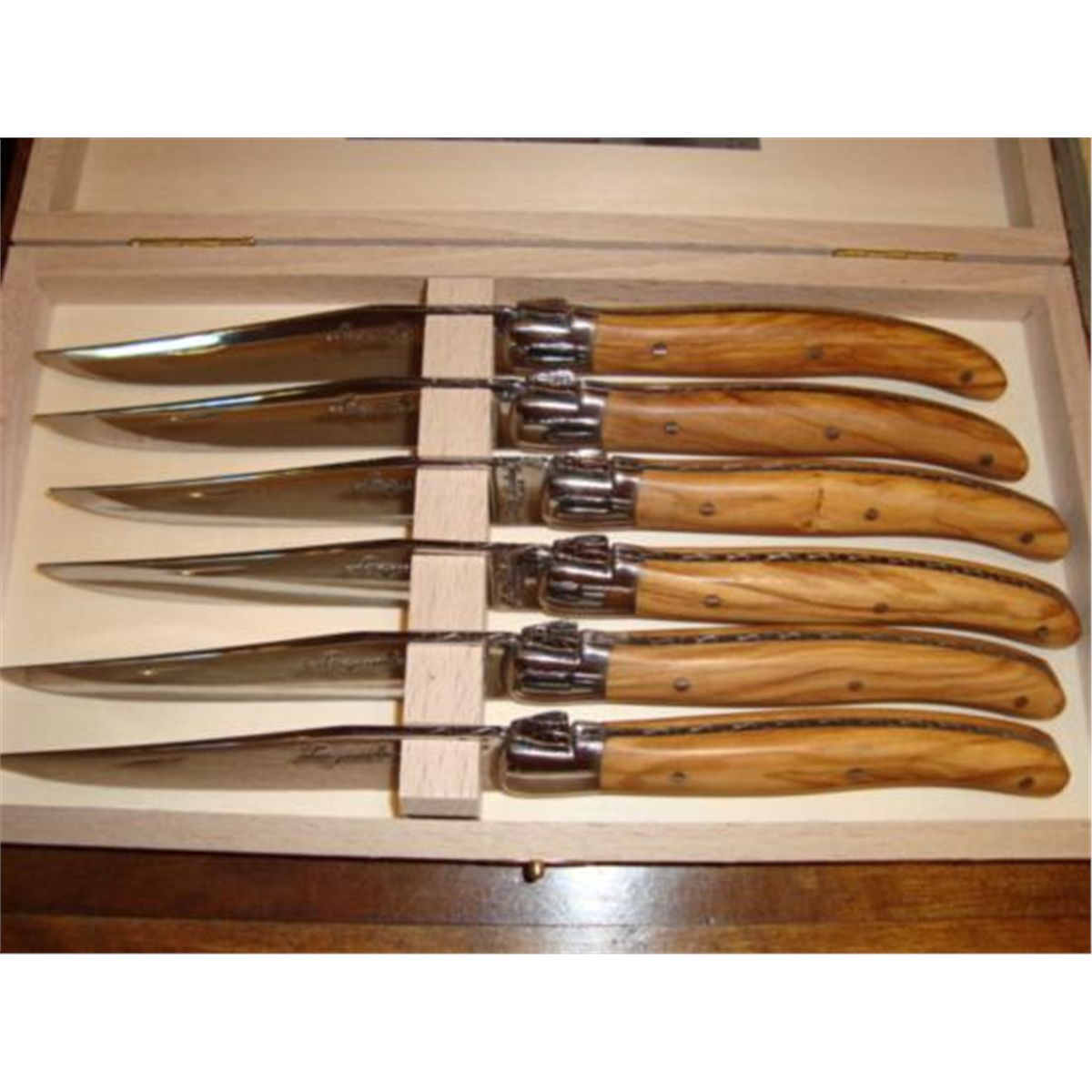 Set 6 authentic French Laguiole steak knives olivewood