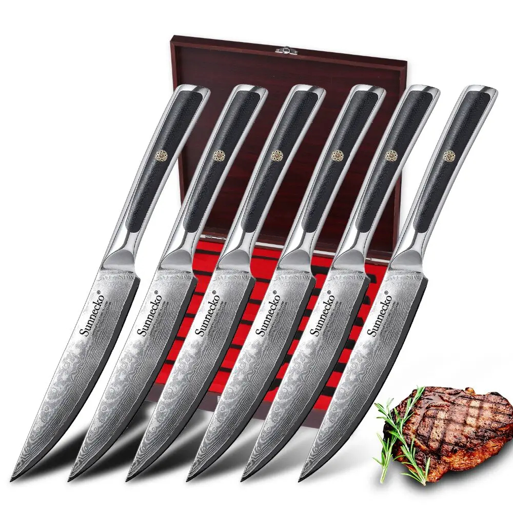 SUNNECKO 6pcs Damascus Steel Steak Knife Set with Exquisite Packaging ...