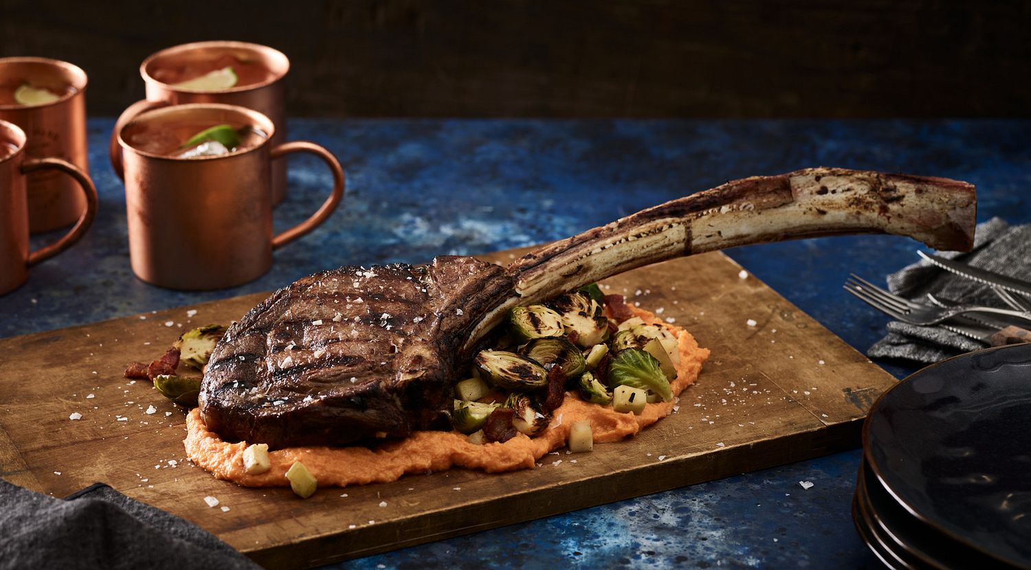 Tomahawk Steak with Grilled Brussels Sprouts and Sweet ...